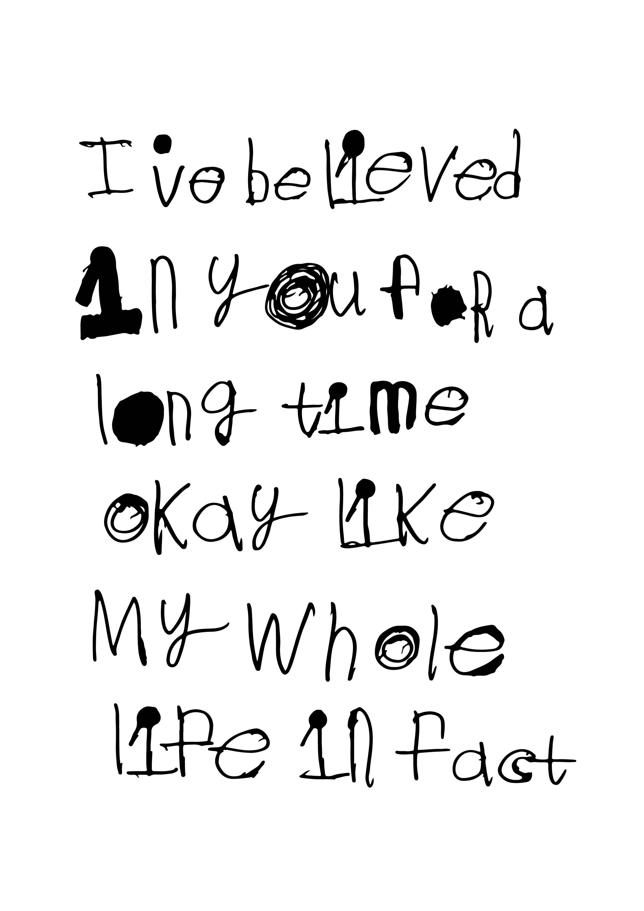 Handwritten note by Piper in her unique font. Piper uses a mix of lower and upper case letters ion her words and likes to colour in large dots and full stops. the black writing on a white background is in the centre and fills the whole page.