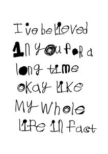 Handwritten note by Piper in her unique font. Piper uses a mix of lower and upper case letters ion her words and likes to colour in large dots and full stops. the black writing on a white background is in the centre and fills the whole page.